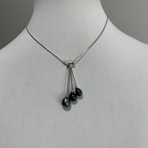 Dark Gray Triple Layer Pearl Necklace drop pearl Grey silver 925 sterling silver